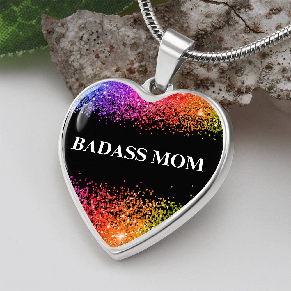 Badass Mom Heart Graphic Pendant Necklace