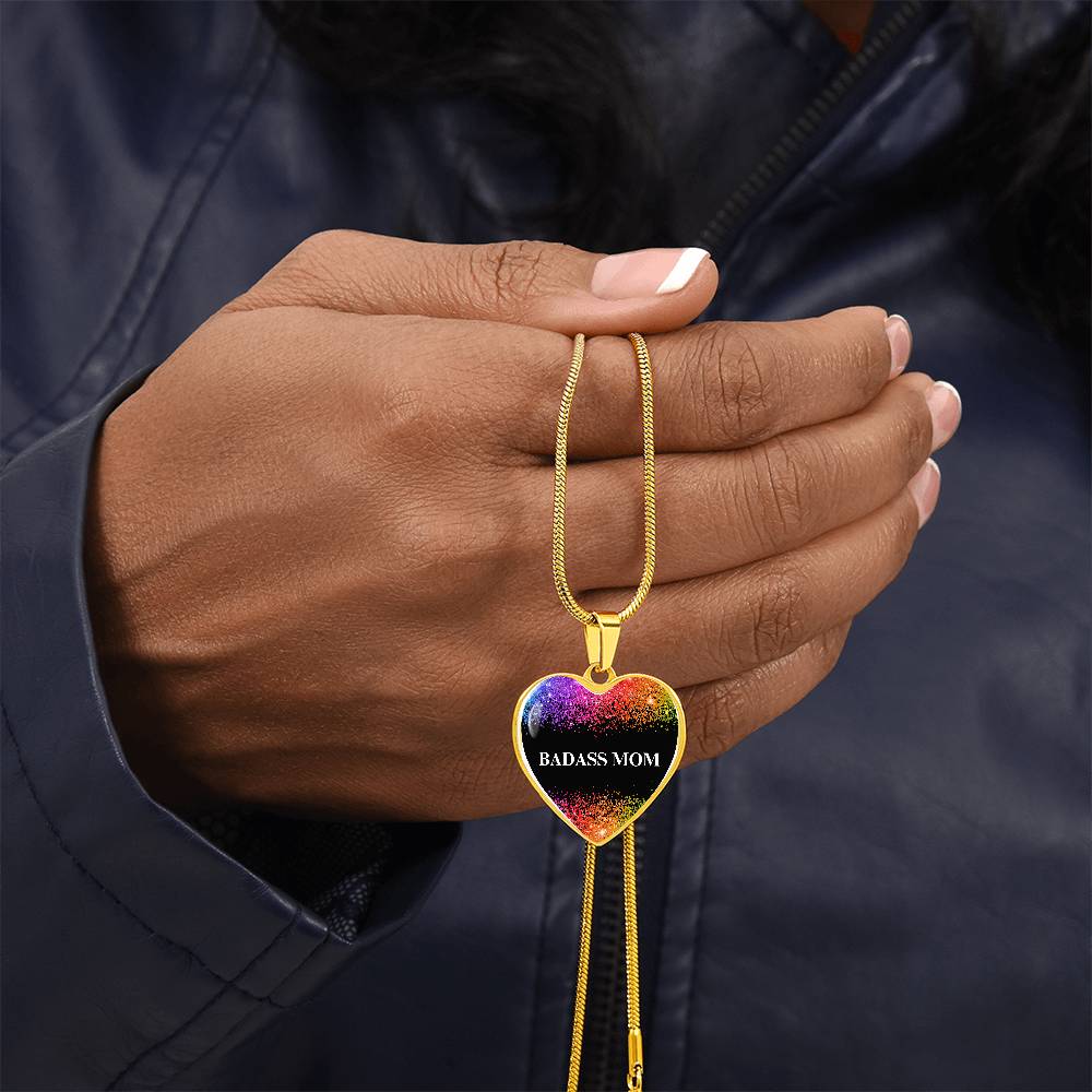 Badass Mom Heart Graphic Pendant Necklace