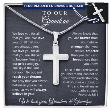 To Our Grandson - We Believe in You Engraved Cross Necklace
