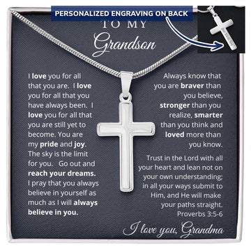 To My Grandson - I Believe in You Engraved Cross Necklace