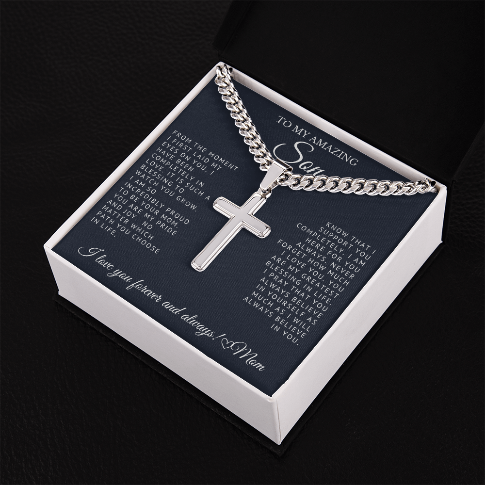 To My Amazing Son - Engraved Cross on Cuban Link Chain