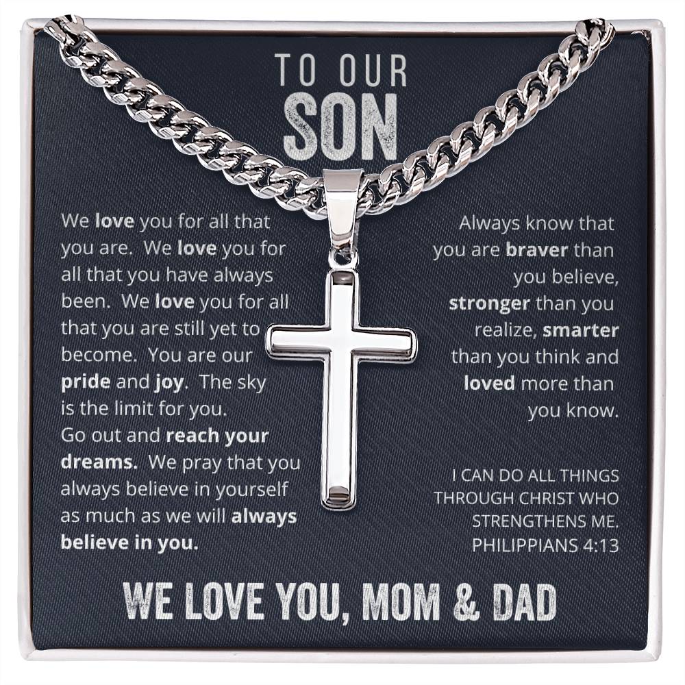 Gift for Son on His Wedding Day, Gift for Son on Wedding Day, To Our Son From Mom and Dad Engraved Cross Necklace, Son Gift