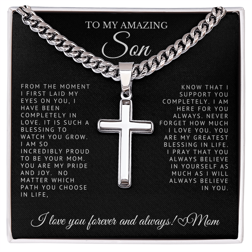To My Amazing Son - Engraved Cross on Cuban Link Chain