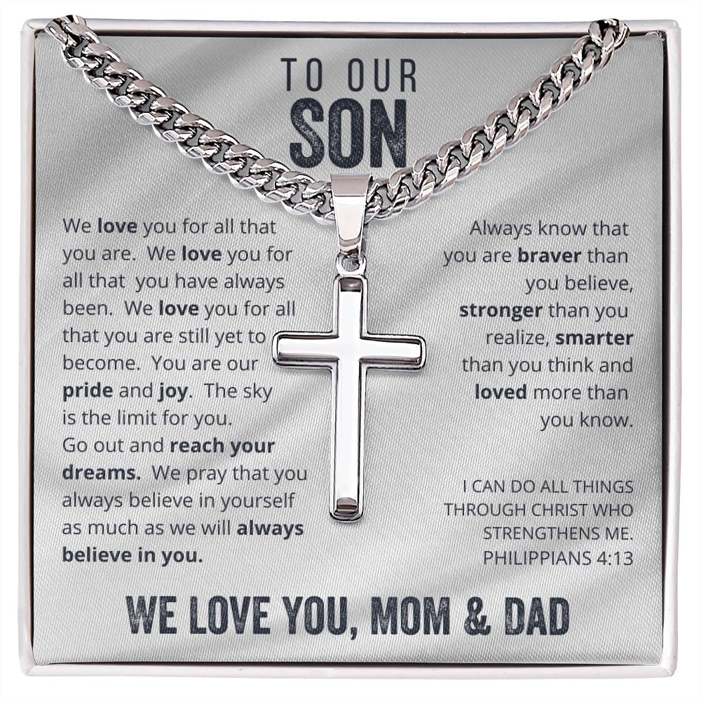 Gift for Son on His Wedding Day, Gift for Son on Wedding Day, To Our Son From Mom and Dad Engraved Cross Necklace, Son Gift