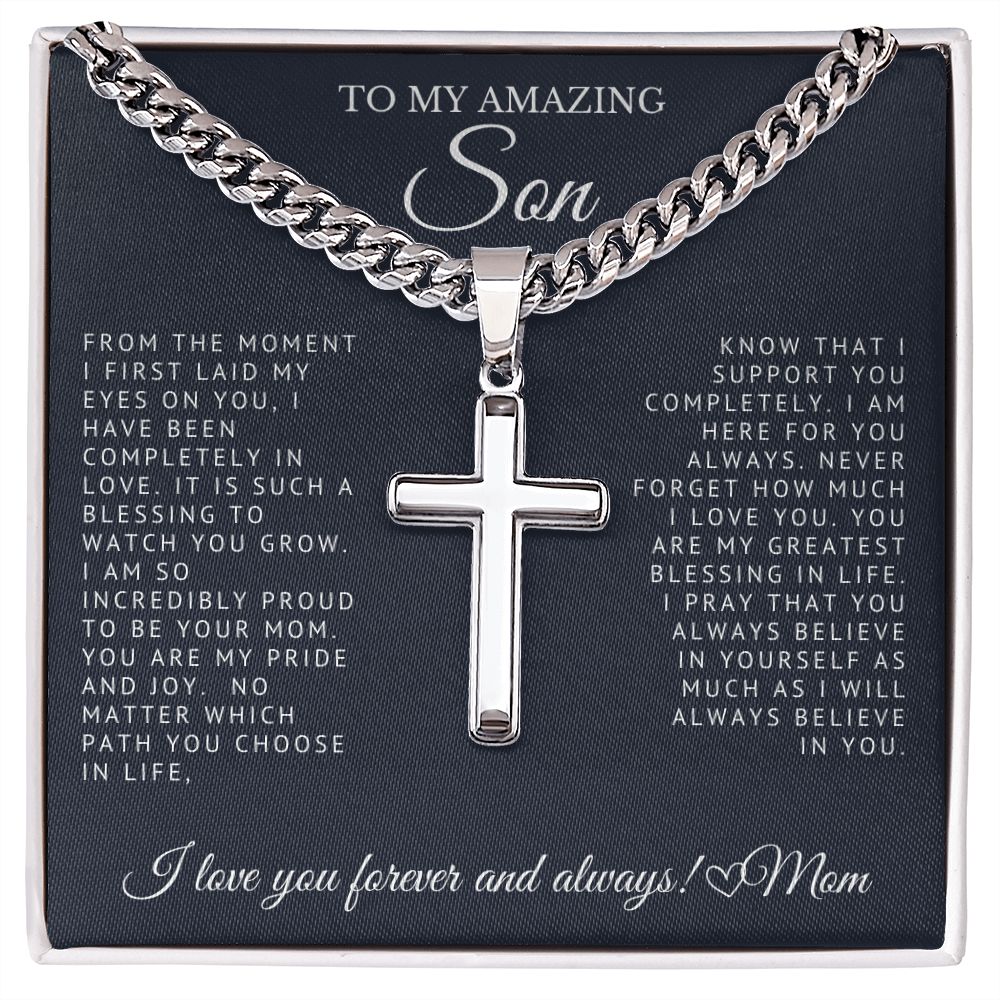 To My Amazing Son - Engraved Cross on Cuban Link Chain