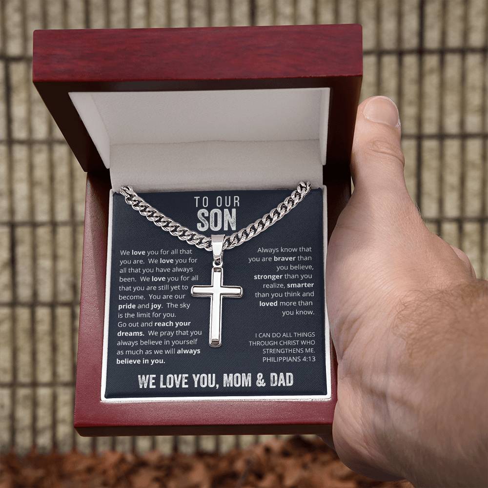 Gift for Son on His Wedding Day, Gift for Son on Wedding Day, To Our Son From Mom and Dad Engraved Cross Necklace, Son Gift