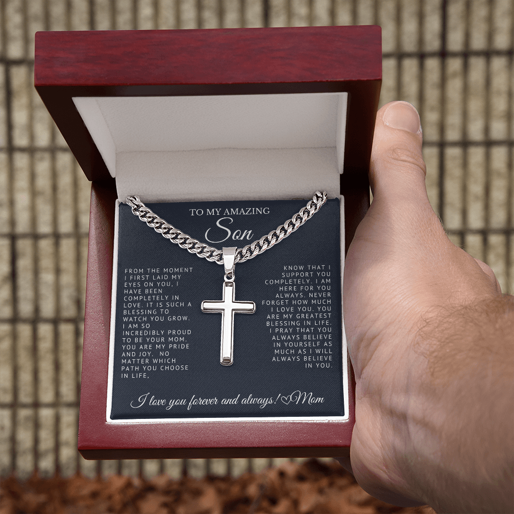 To My Amazing Son - Engraved Cross on Cuban Link Chain