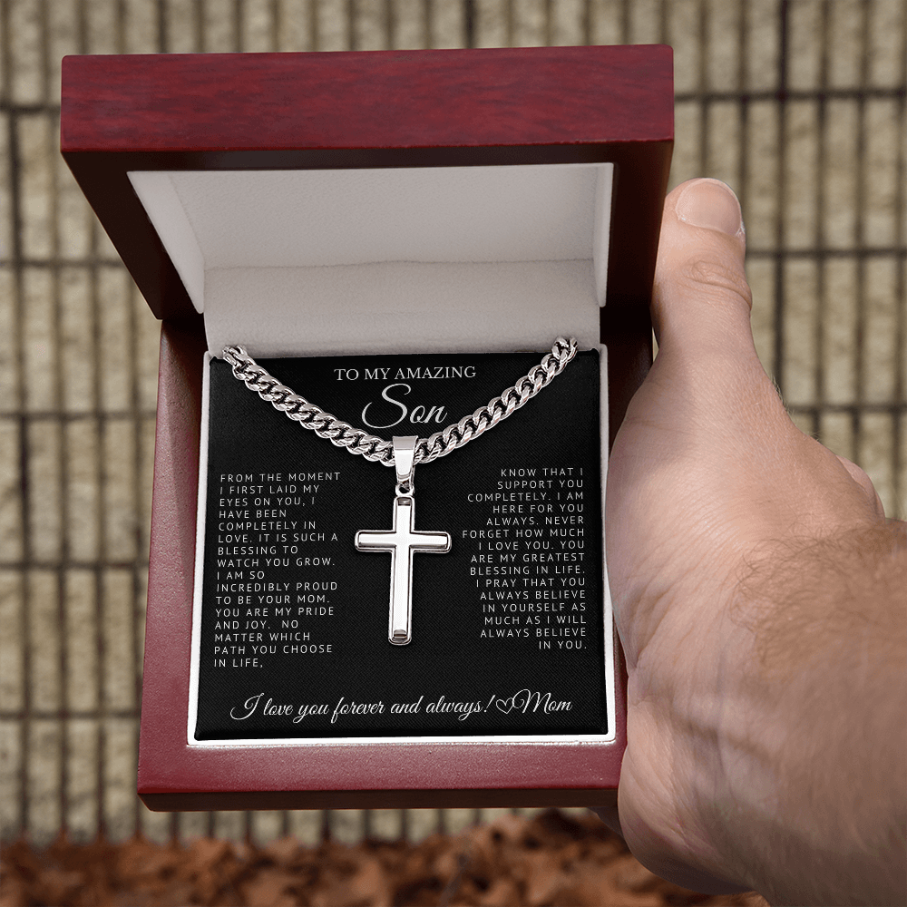 To My Amazing Son - Engraved Cross on Cuban Link Chain