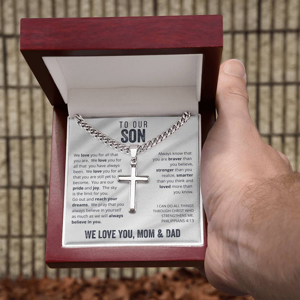 Gift for Son on His Wedding Day, Gift for Son on Wedding Day, To Our Son From Mom and Dad Engraved Cross Necklace, Son Gift