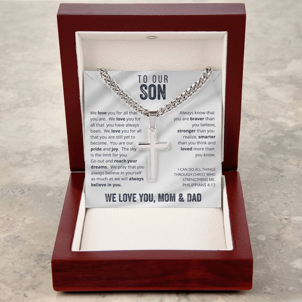Gift for Son on His Wedding Day, Gift for Son on Wedding Day, To Our Son From Mom and Dad Engraved Cross Necklace, Son Gift