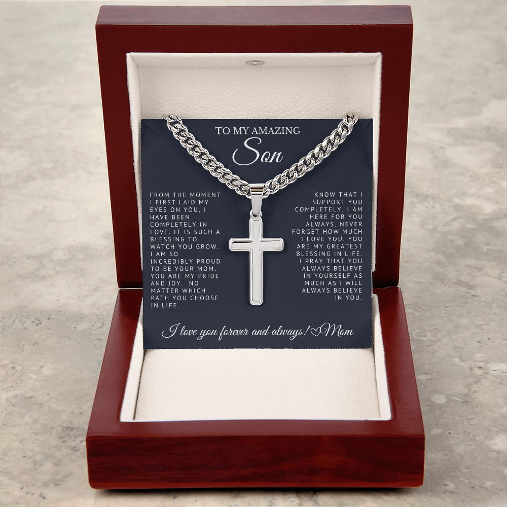 To My Amazing Son - Engraved Cross on Cuban Link Chain