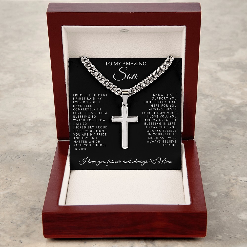 To My Amazing Son - Engraved Cross on Cuban Link Chain