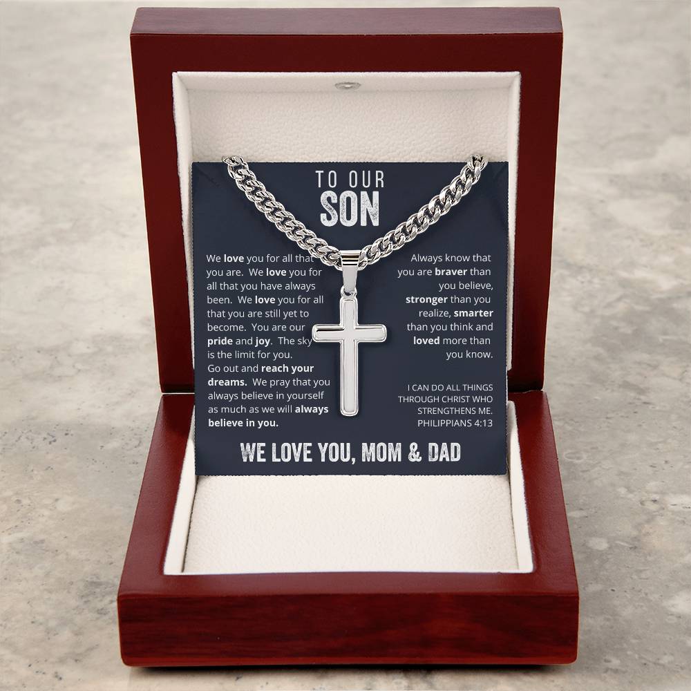 Gift for Son on His Wedding Day, Gift for Son on Wedding Day, To Our Son From Mom and Dad Engraved Cross Necklace, Son Gift