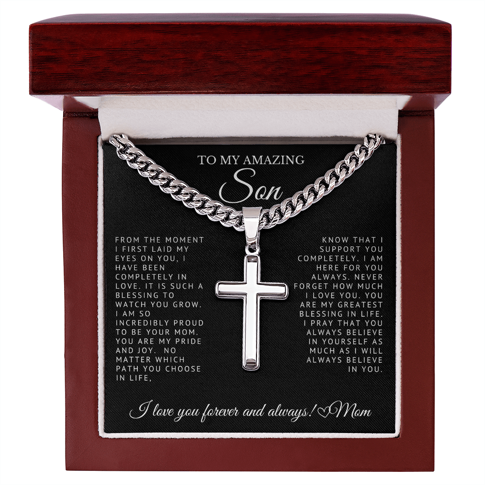 To My Amazing Son - Engraved Cross on Cuban Link Chain