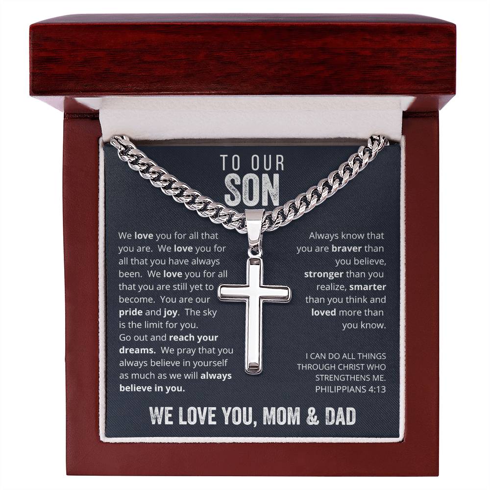 Gift for Son on His Wedding Day, Gift for Son on Wedding Day, To Our Son From Mom and Dad Engraved Cross Necklace, Son Gift