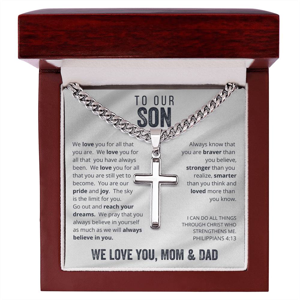 Gift for Son on His Wedding Day, Gift for Son on Wedding Day, To Our Son From Mom and Dad Engraved Cross Necklace, Son Gift