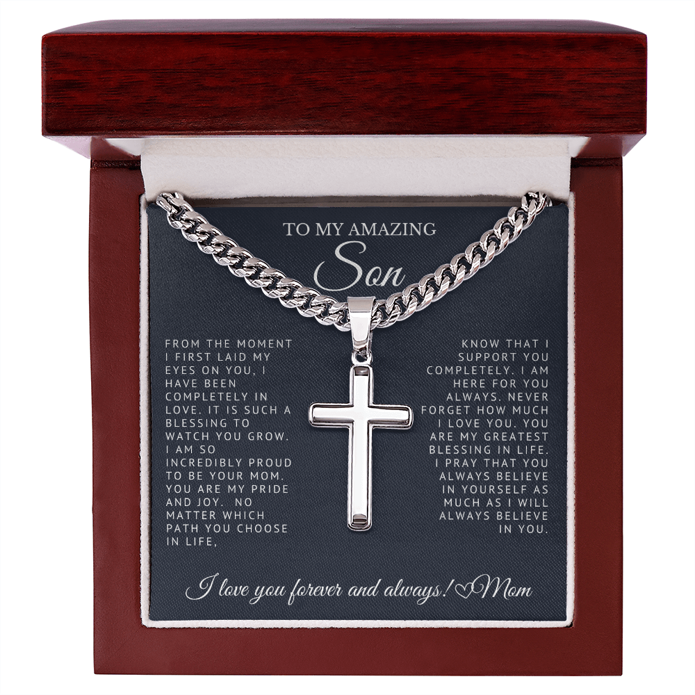 To My Amazing Son - Engraved Cross on Cuban Link Chain