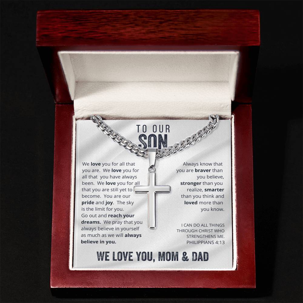 Gift for Son on His Wedding Day, Gift for Son on Wedding Day, To Our Son From Mom and Dad Engraved Cross Necklace, Son Gift