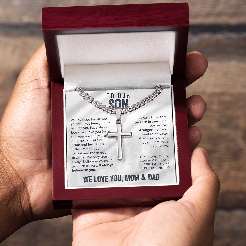 To Our Son from Mom and Dad Engraved Cross Necklace