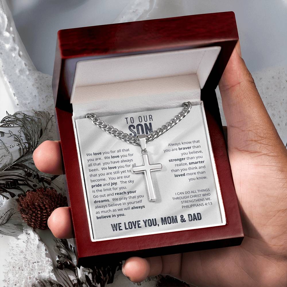 Gift for Son on His Wedding Day, Gift for Son on Wedding Day, To Our Son From Mom and Dad Engraved Cross Necklace, Son Gift