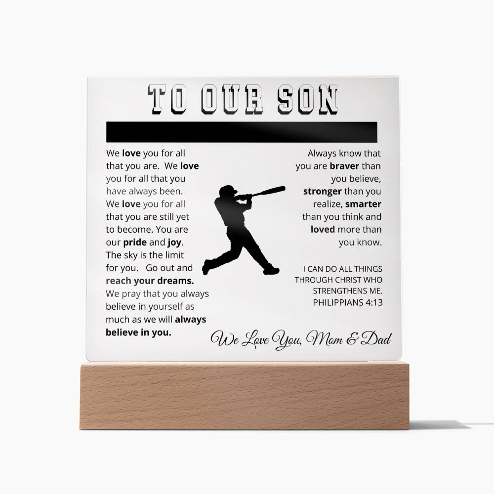 To Our Son - We Believe in You - Printed Acrylic Sign - Baseball Player