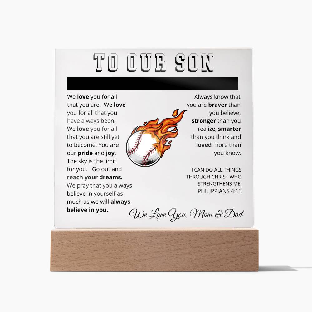 To Our Son - We Believe in You - Printed Acrylic Sign - Baseball Pitcher