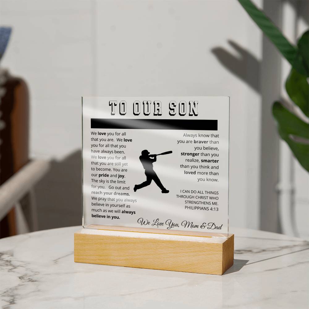 To Our Son - We Believe in You - Printed Acrylic Sign - Baseball Player