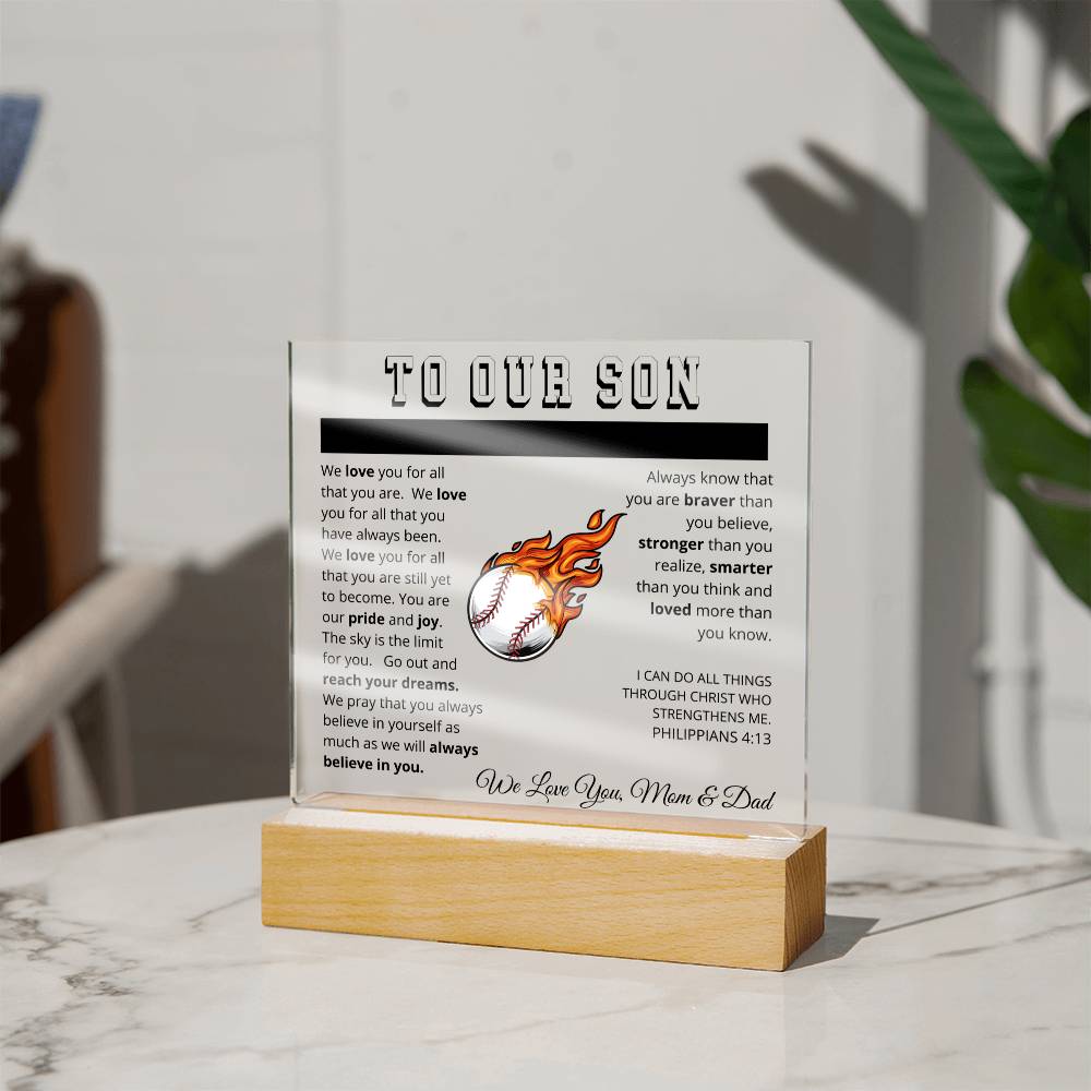 To Our Son - We Believe in You - Printed Acrylic Sign - Baseball Pitcher