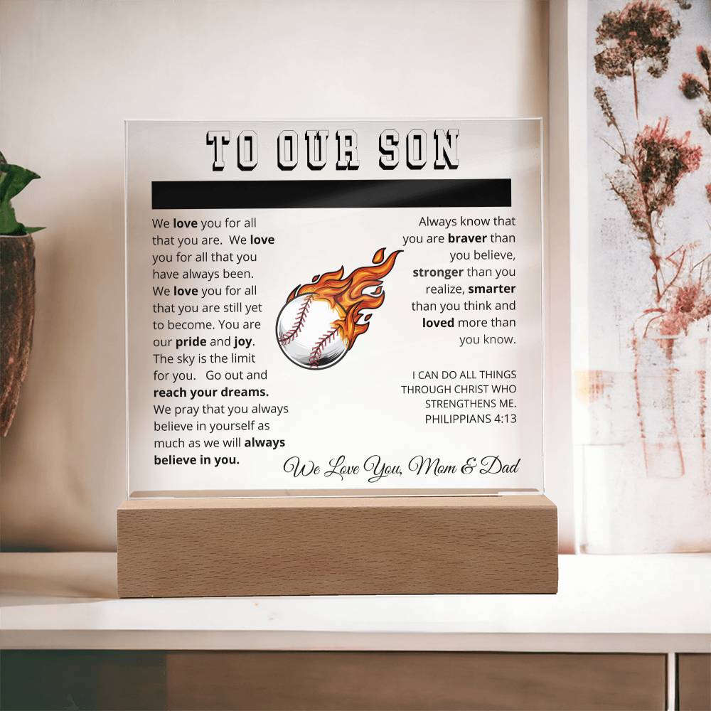 To Our Son - We Believe in You - Printed Acrylic Sign - Baseball Pitcher