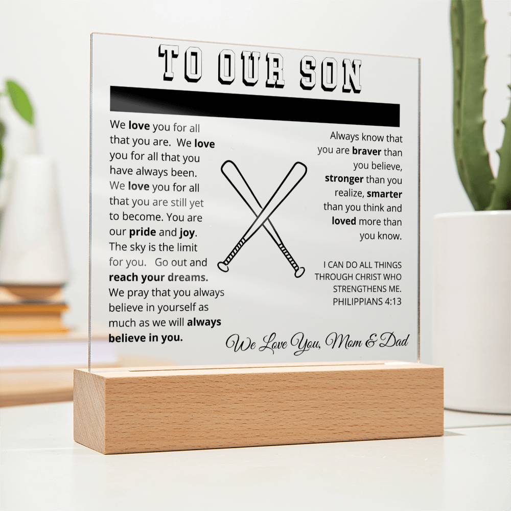 To Our Son - We Believe in You - Printed Acrylic Sign - Baseball Bats