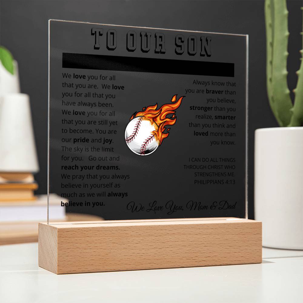To Our Son - We Believe in You - Printed Acrylic Sign - Baseball Pitcher