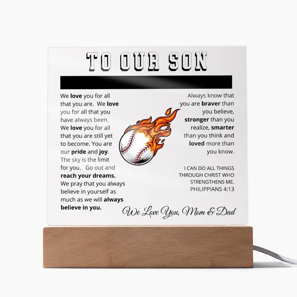 To Our Son - We Believe in You - Printed Acrylic Sign - Baseball Pitcher
