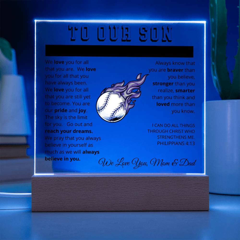 To Our Son - We Believe in You - Printed Acrylic Sign - Baseball Pitcher