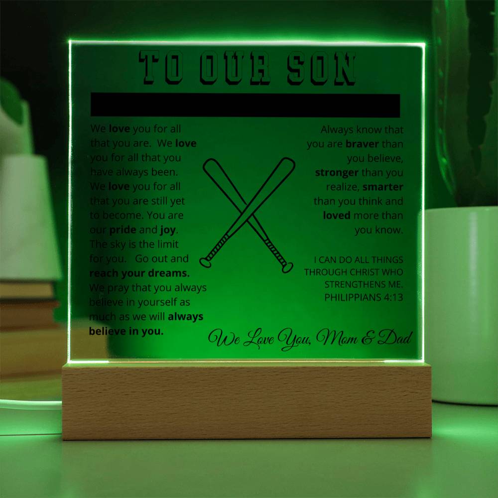 To Our Son - We Believe in You - Printed Acrylic Sign - Baseball Bats