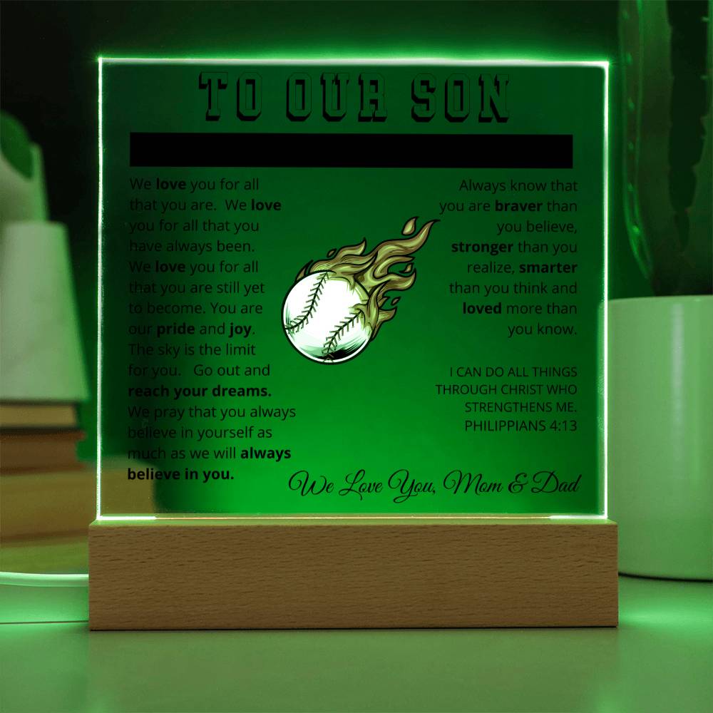 To Our Son - We Believe in You - Printed Acrylic Sign - Baseball Pitcher