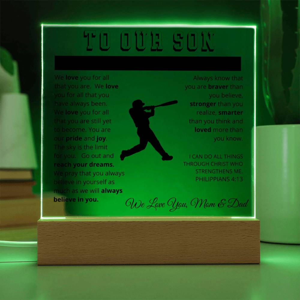 To Our Son - We Believe in You - Printed Acrylic Sign - Baseball Player