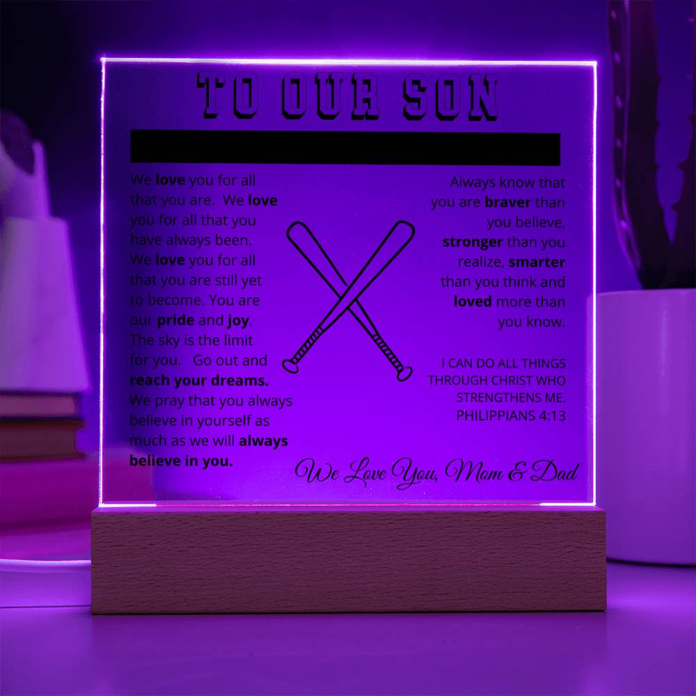 To Our Son - We Believe in You - Printed Acrylic Sign - Baseball Bats