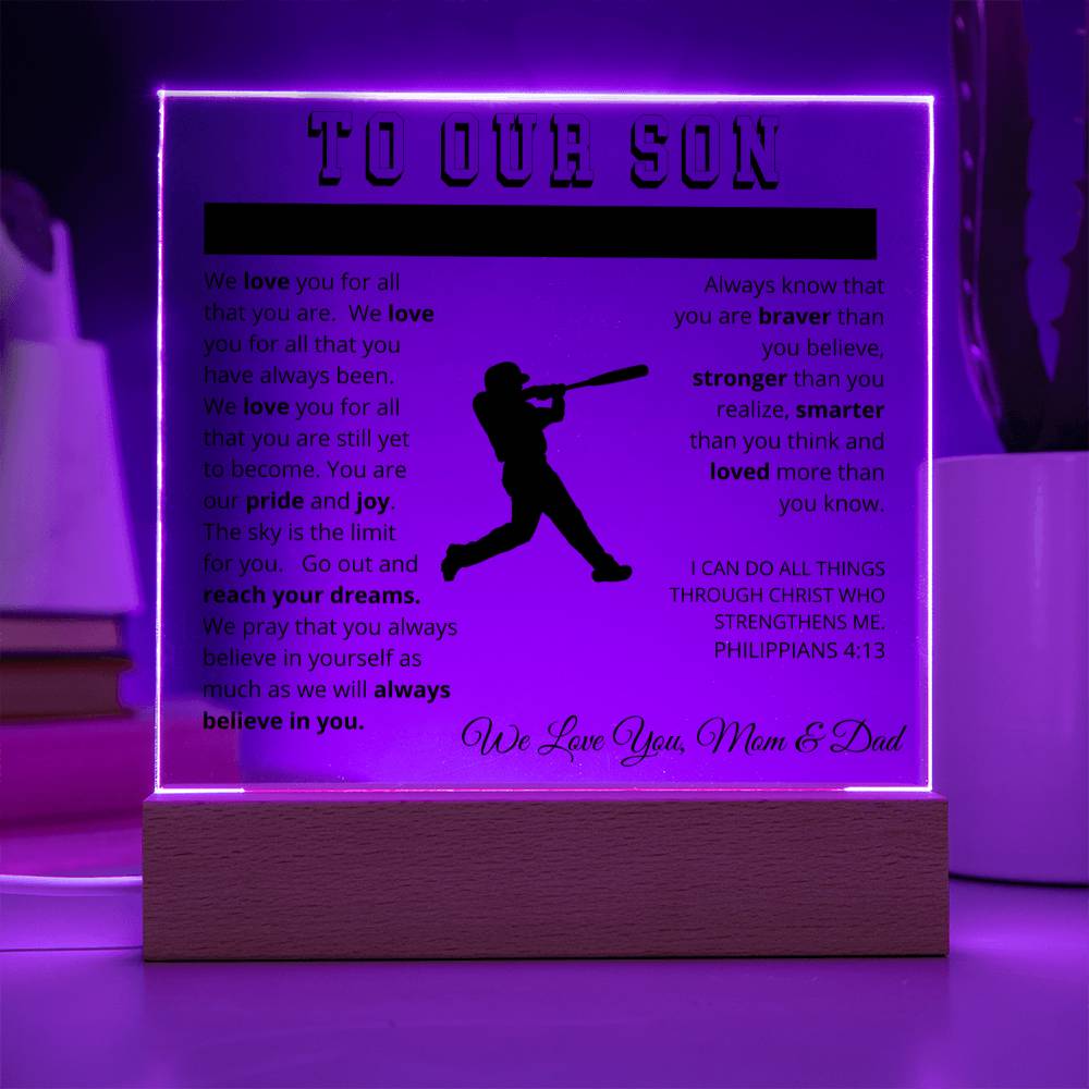 To Our Son - We Believe in You - Printed Acrylic Sign - Baseball Player