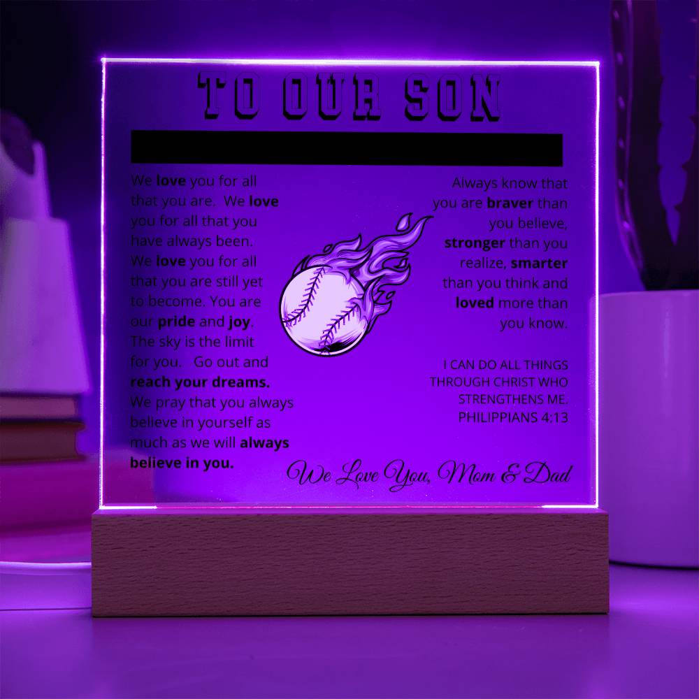 To Our Son - We Believe in You - Printed Acrylic Sign - Baseball Pitcher
