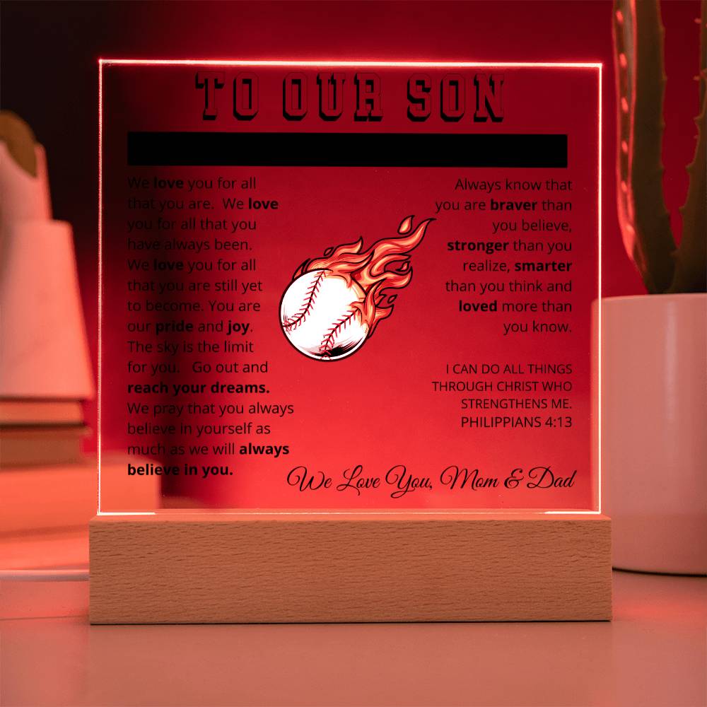 To Our Son - We Believe in You - Printed Acrylic Sign - Baseball Pitcher