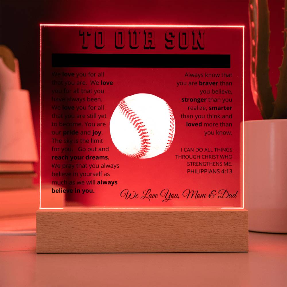 To Our Son - We Believe in You - Printed Acrylic Sign - Baseball