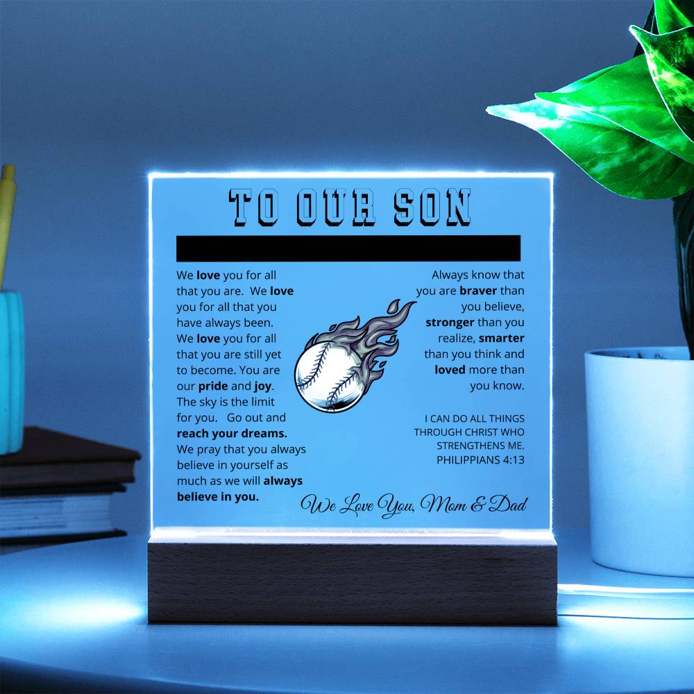 To Our Son - We Believe in You - Printed Acrylic Sign - Baseball Pitcher