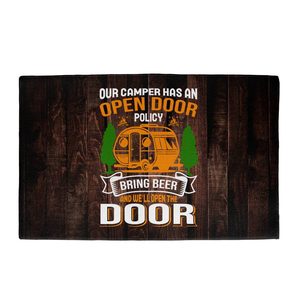Funnny Door Mat - open door policy - bring beer and we'll answer the door