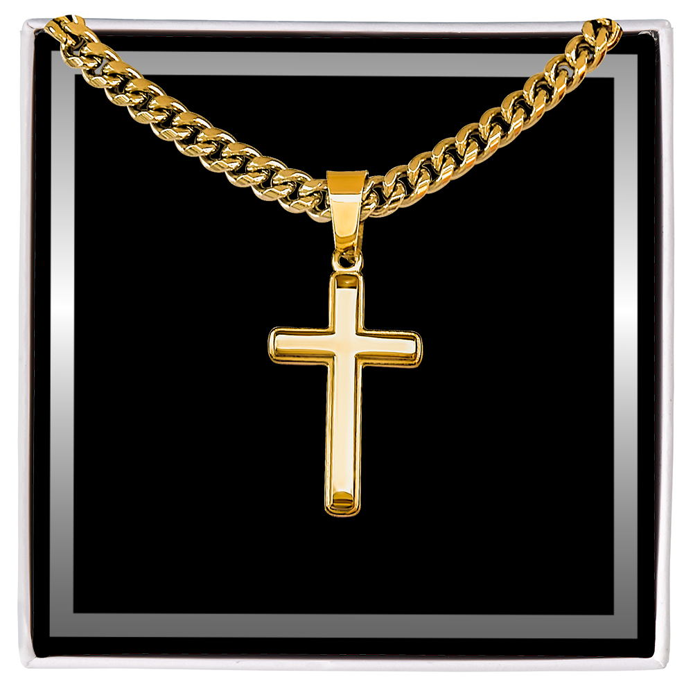Artisan Gold or Silver Dipped Cross with Cuban Link Chain - Gift Box Included