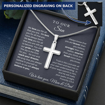 To Our Son from Mom and Dad - We Believe in You - Engraved Cross Necklace