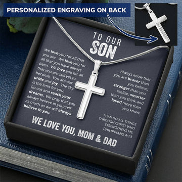 To Our Son From Mom and Dad Engraved Cross Necklace