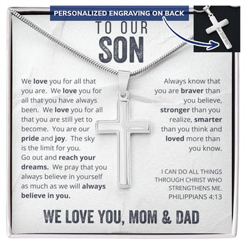 To Our Son From Mom and Dad Engraved Cross Necklace