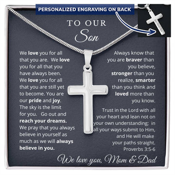 To Our Son from Mom and Dad - We Believe in You - Engraved Cross Necklace