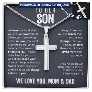 To Our Son From Mom and Dad Engraved Cross Necklace