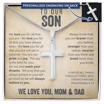 To Our Son From Mom and Dad Engraved Cross Necklace